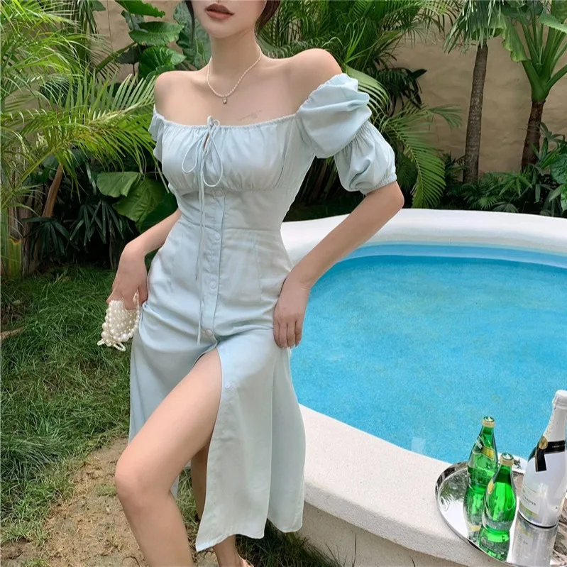 

Детское синее облегающее платье, элегантное дизайнерское летнее платье, женское пляжное сексуальное платье с квадратным вырезом и открыты...