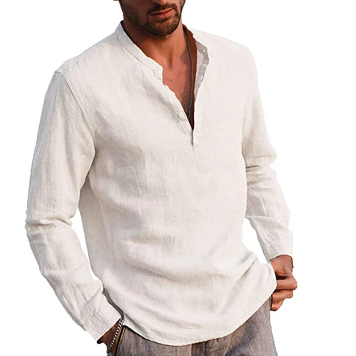 

Рубашка мужская с воротником-стойкой, блузка из хлопка и льна, с длинным рукавом, в стиле смарт-кэжуал, цвет размера плюс s/M/L/XL/XXL