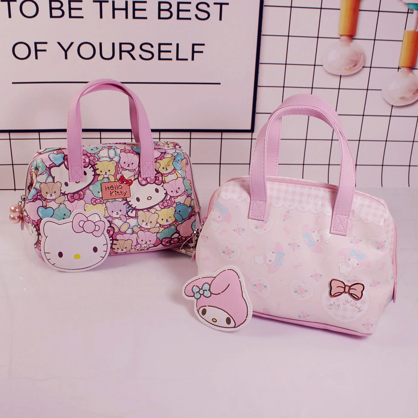 

Kawaii Sanrio Hello Kitty My Melody Handbag Women's travedl rucksack makeup PU purses bags Square Cute Cosmetic Bag for girls