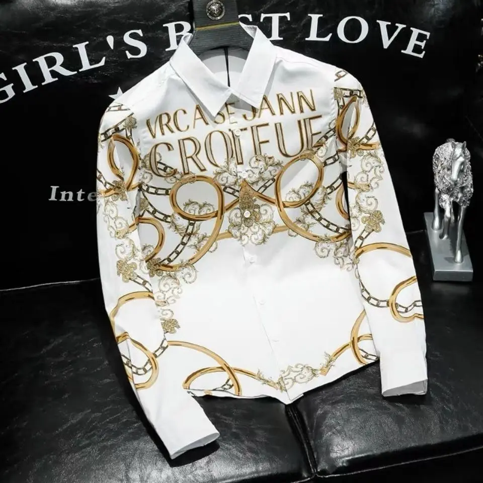 2022 men's autumn Korean fashion slim long sleeve shirt fashion personality printing large size cardigan shirt