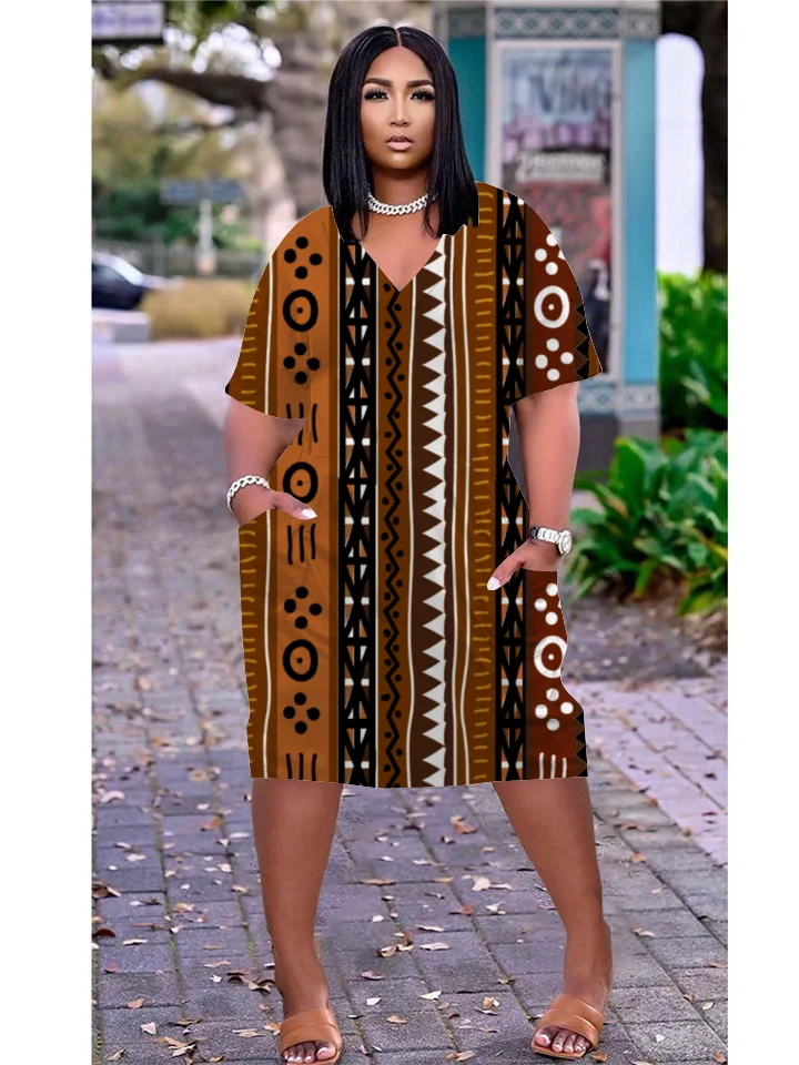 

Women's Vintage Stripe Check Print Dress Summer Fashion Street Vintage Knee Length Skirt Casual Large Women's Wear S-5XL