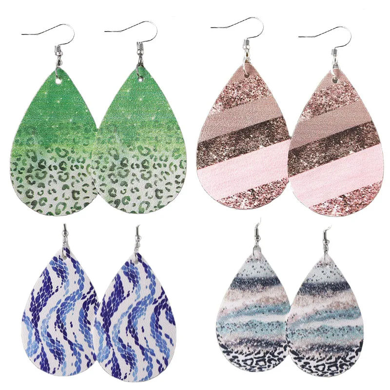 

New Green Wave Dot Leopard Pattern Tie-dyed Earrings For Women Pink Sequin Stripe Blue Starry Sky Leather Earring Wholesale