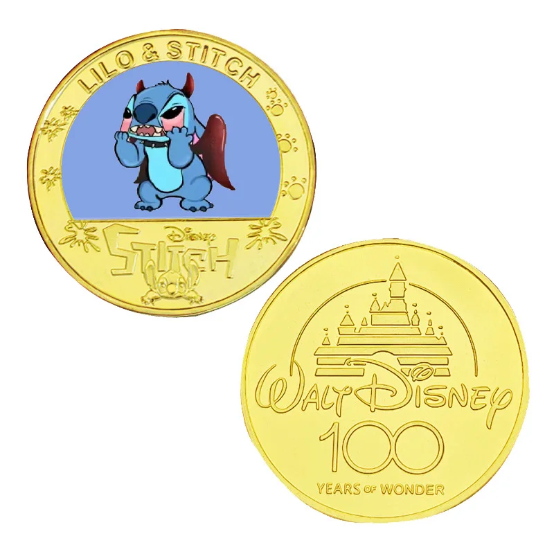 Фото Металлическая монета с героями мультфильмов Disney Lilo & Stitch, новый стиль, памятная золотая монета, коллекционные украшения, фигурки аниме, игрушки, подарки на день рождения №4