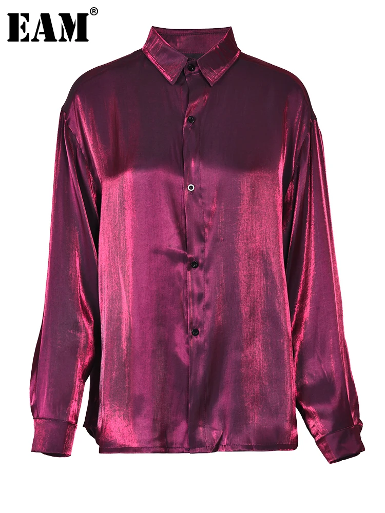 

[EAM] Женская винно-красная Повседневная мягкая блуза большого размера, новая свободная рубашка с отворотом и длинным рукавом, модная весенне-осенняя 2023 1DF7719