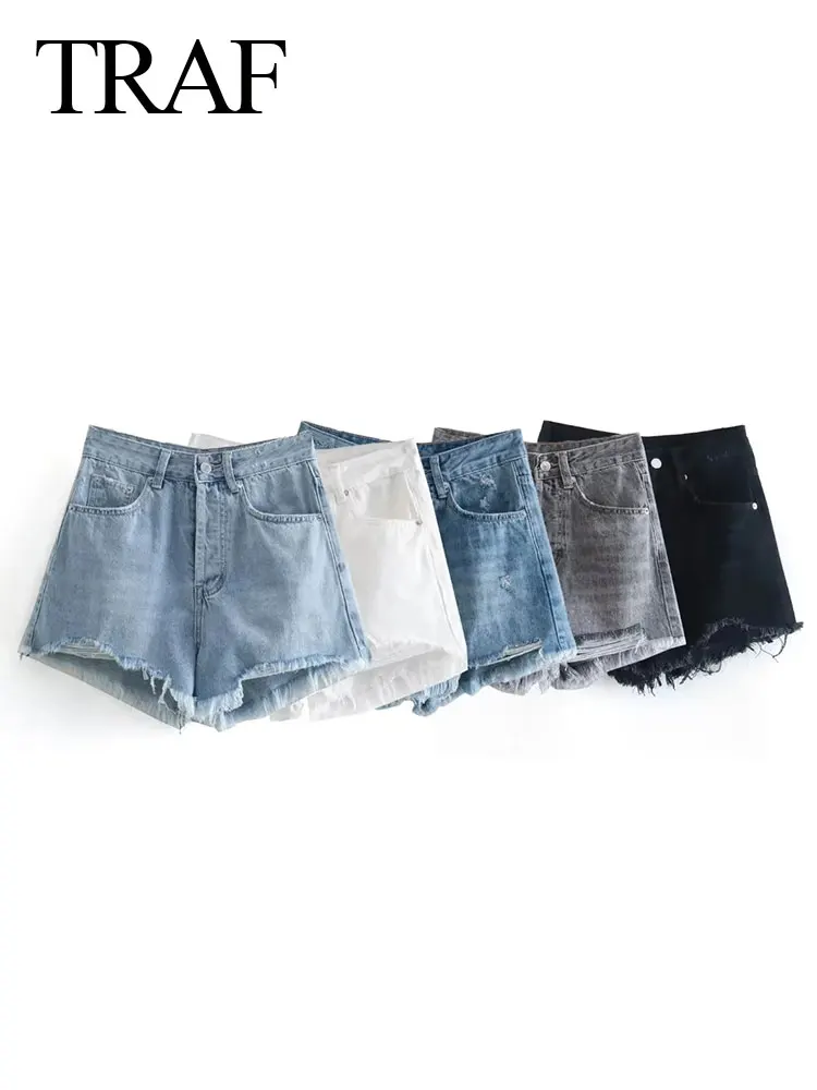 

TRAF Women Vintage Ripped Denim Shorts High Waist Frayed Front Button Slim Shorts Summer Woman Fashion Commute Jean Shorts