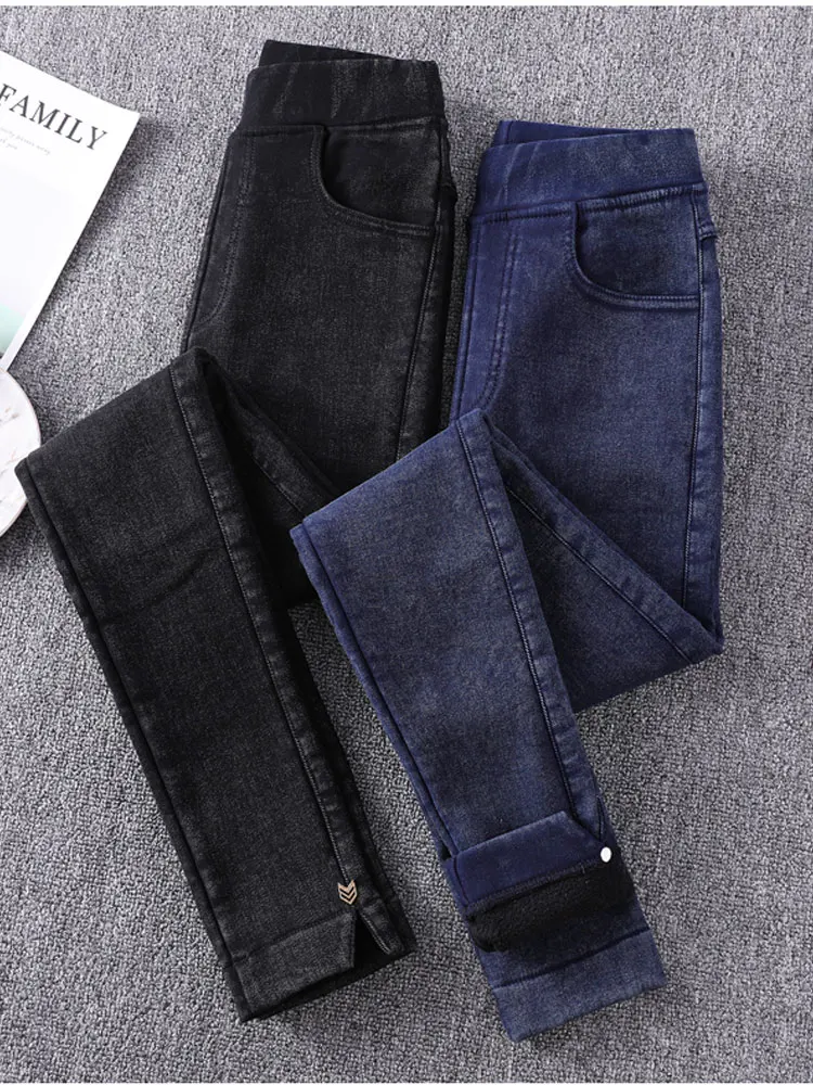 

DIMANAF 2022 Winter Women Jeans Fleece Elastic Waist Oversize Pencil Long Pants Casual Fashion Lady Trousers Warm Pants Blue