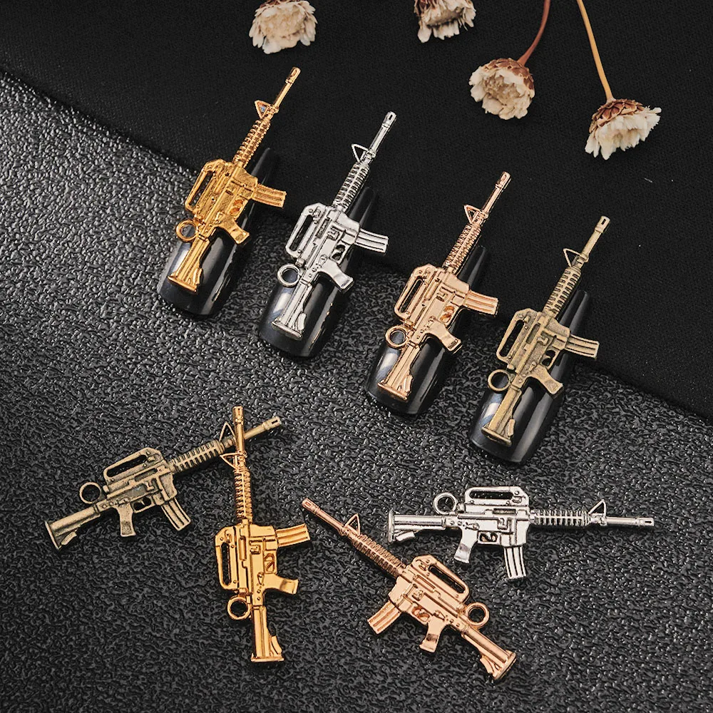 

10Pcs 3D Nail Art Punk Gun Shape Nail Charms 45X16X3mm Luxury Metal Alloy Charms Rhinestones Antique Jewelry Nail Art Decoration