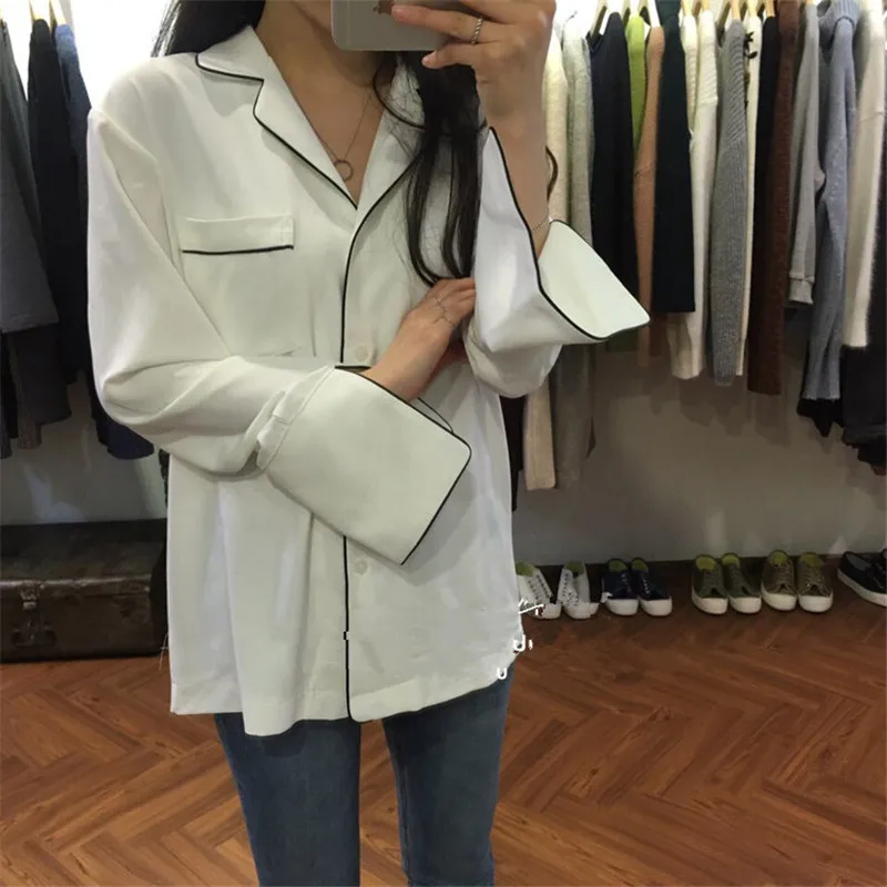 Women New Autumn Fashion Shirts Japanese Kimono Black White Long Sleeve Loose Tops Color Contrast Casual V Neck Blouse | Женская одежда
