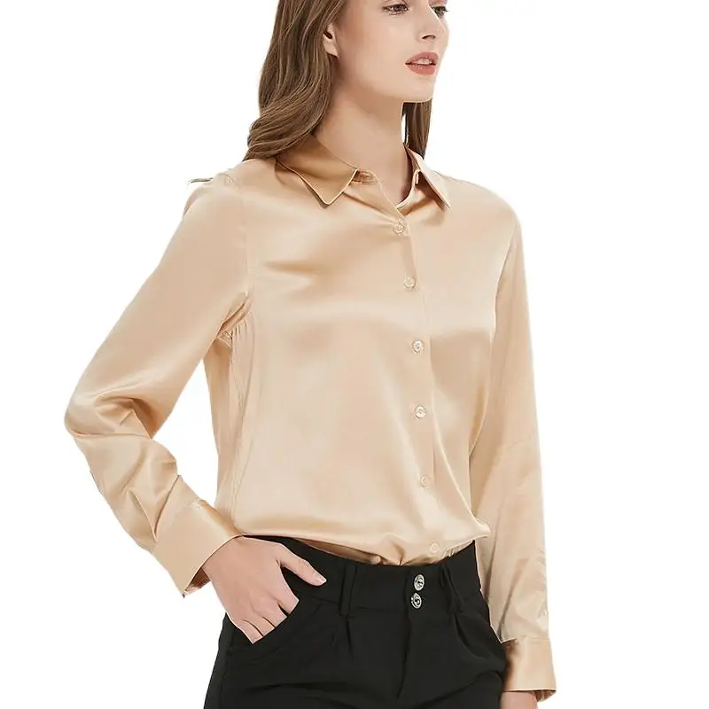 

Woman Dress Shirts Woman 95%Silk 5%Spandex Basic Solid Turn Down Collar Chic Blouse Shirt 2022 Spring Top White