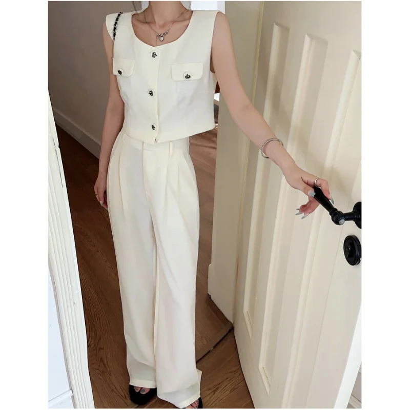 

French Sleeveless White Vest Top High Waist Slim Wide-leg Korea Fashion Pant Suit Small Fragrance Two-piece Set Outfit for Women