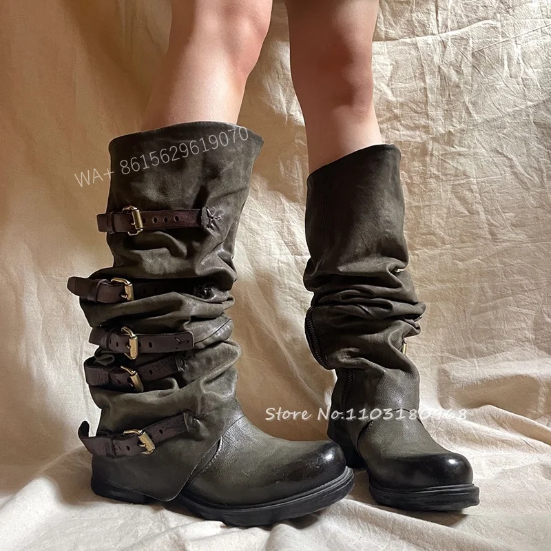 

Женские Плиссированные сапоги до колена, в стиле ретро, с пряжкой и круглым носком, в западном стиле, кожаные сапоги, Осень-зима 2023