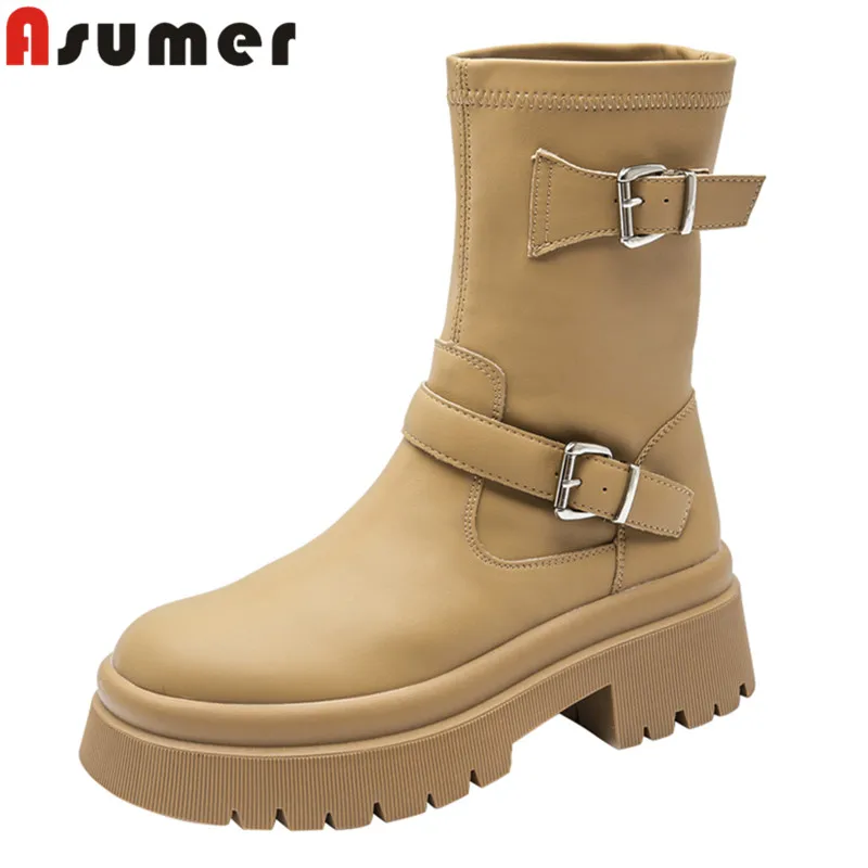 

ASUMER 2023 New Platform Spring Autumn Ankle Boots Ladies Square Med Heels Shoes Slip On Microfiber Women Boots