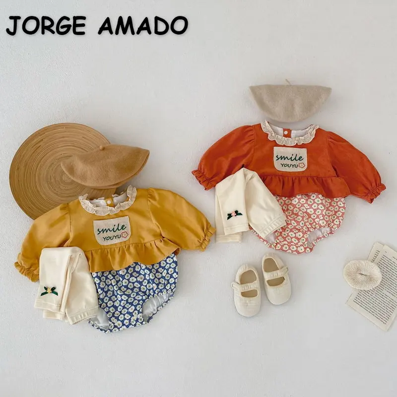 

Новый осенний комбинезон в Корейском стиле для маленьких девочек, оранжевый имбирный комбинезон с круглым воротником + брюки, костюм для но...