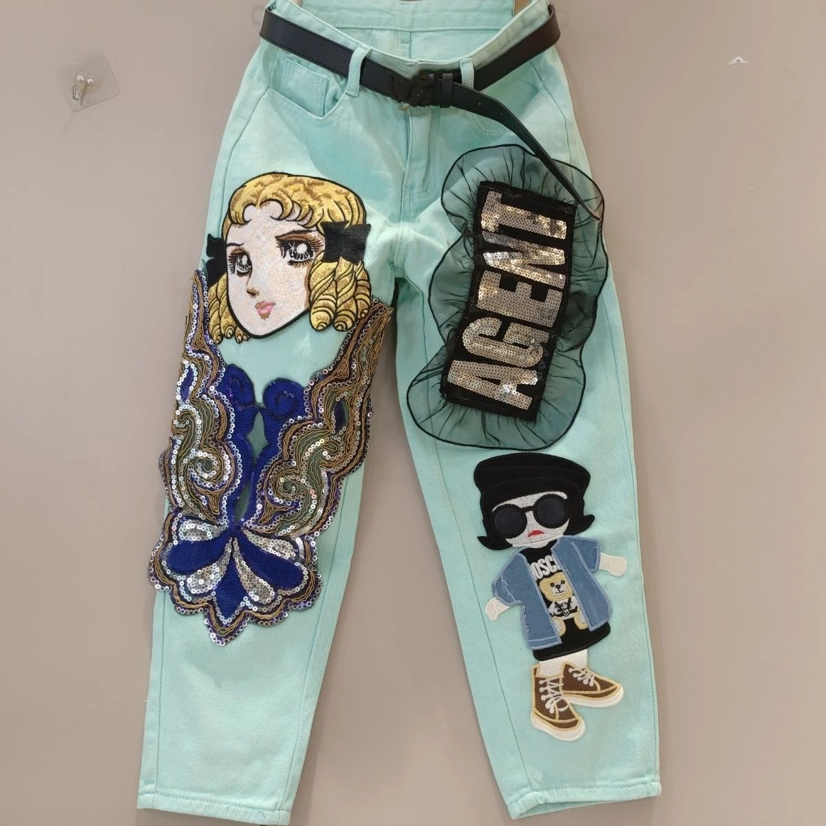 

Autumn spring sequin cartoon embroidery jeans harem pants Women's high waist casual plus size loose trousers