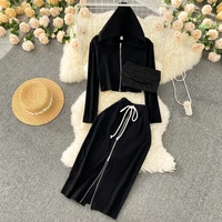 women elegant there piece set skirts sets spring casual hooded long sleeved sweatshirt strapless tops pencil skirt outfits