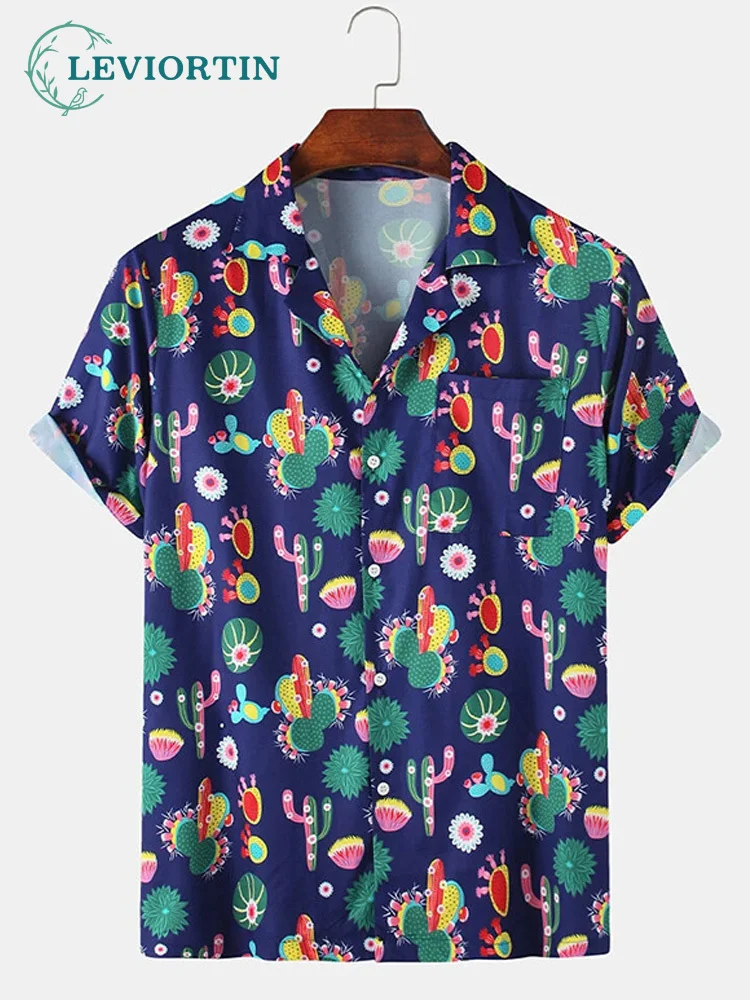 

2022 Summer Hawaiian Mens Beach Shirt Korean Cactus Printed Short Sleeve Tops Shirts For Male Clothes Blusa Masculina