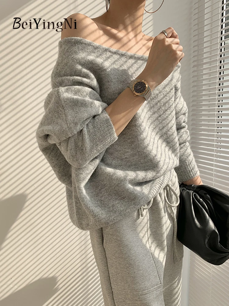 

Beiyingni Autumn Winter Sweaters Women Sexy Slash Neck Long Sleeve Sweater Ladies Casual Off Shoulder Casual Korean Pullovers