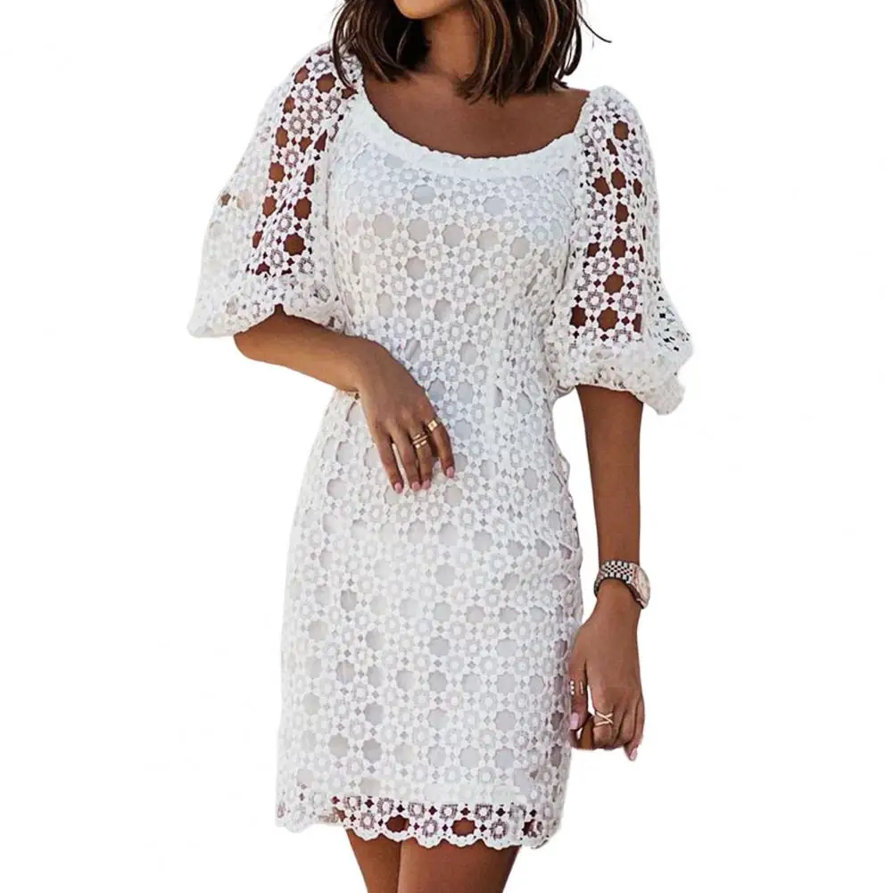 

Formal Dress Summer Women Hollow Out Lace Patchwork Dress Embroidered Cutout Backless Short Sleeve Crochet Mini Dress