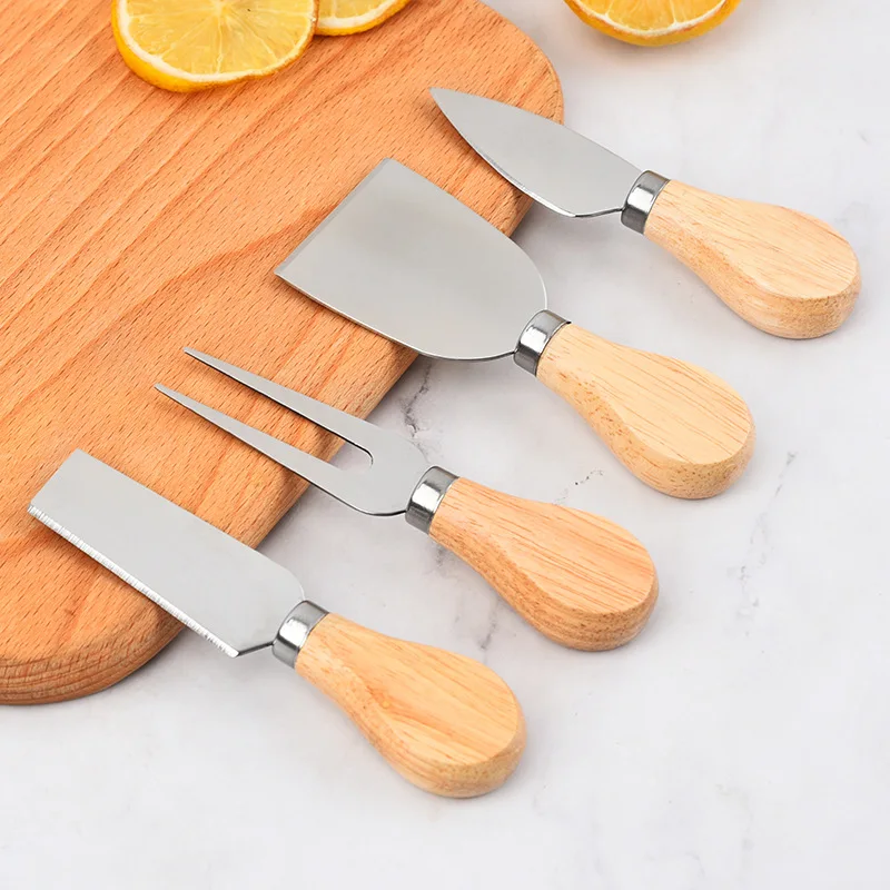 

4 Cheese Knives Set Cheese Cutlery Steel Stainless Cheese Slicer Cutter Wood Handle Mini Knife,Butter Knife,Spatula& ForK