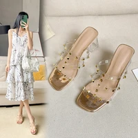 womens shoes transparent high heels womens 2022 new fashion trend crystal rivets one word strap roman sandals