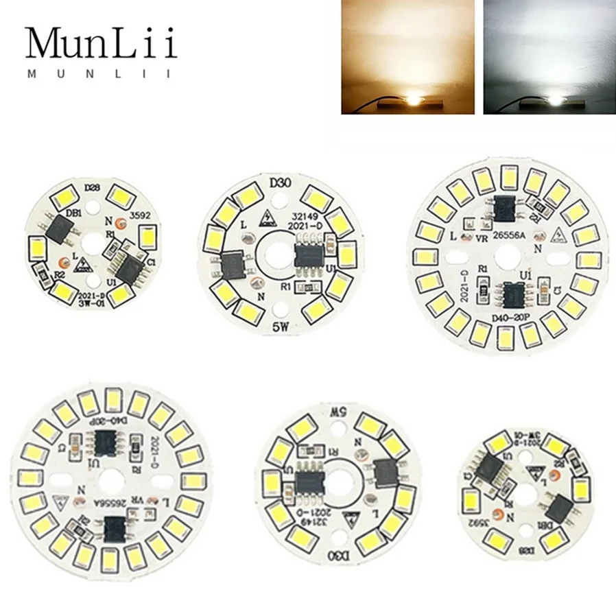 

MunLii LED Chip for Lamp Bulb AC220V-240V 3W 5W 7W 9W 12W SMD 2835 Round Light Beads Bulb Chip Lighting Spotlight 90 Lumen/W