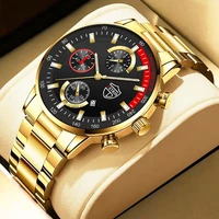 2022 fashion mens gold stainless steel watches luxury men business casual leather quartz watch luminous clock relogio masculino