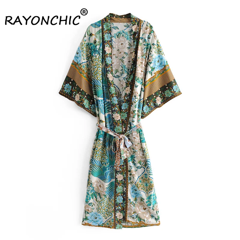 

RAYONCHIC Beach Bikini Cover Ups Rayon Floral Print Batwing Sleeve Sashes Maxi Hippie Bohemian Style Boho Robe Kimono Cover-up