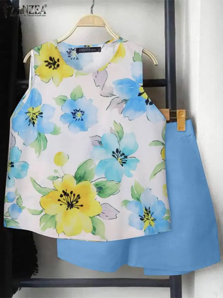 Лето 2024 однотонные шорты ZANZEA комплект из 2 предметов повседневная майка с принтом