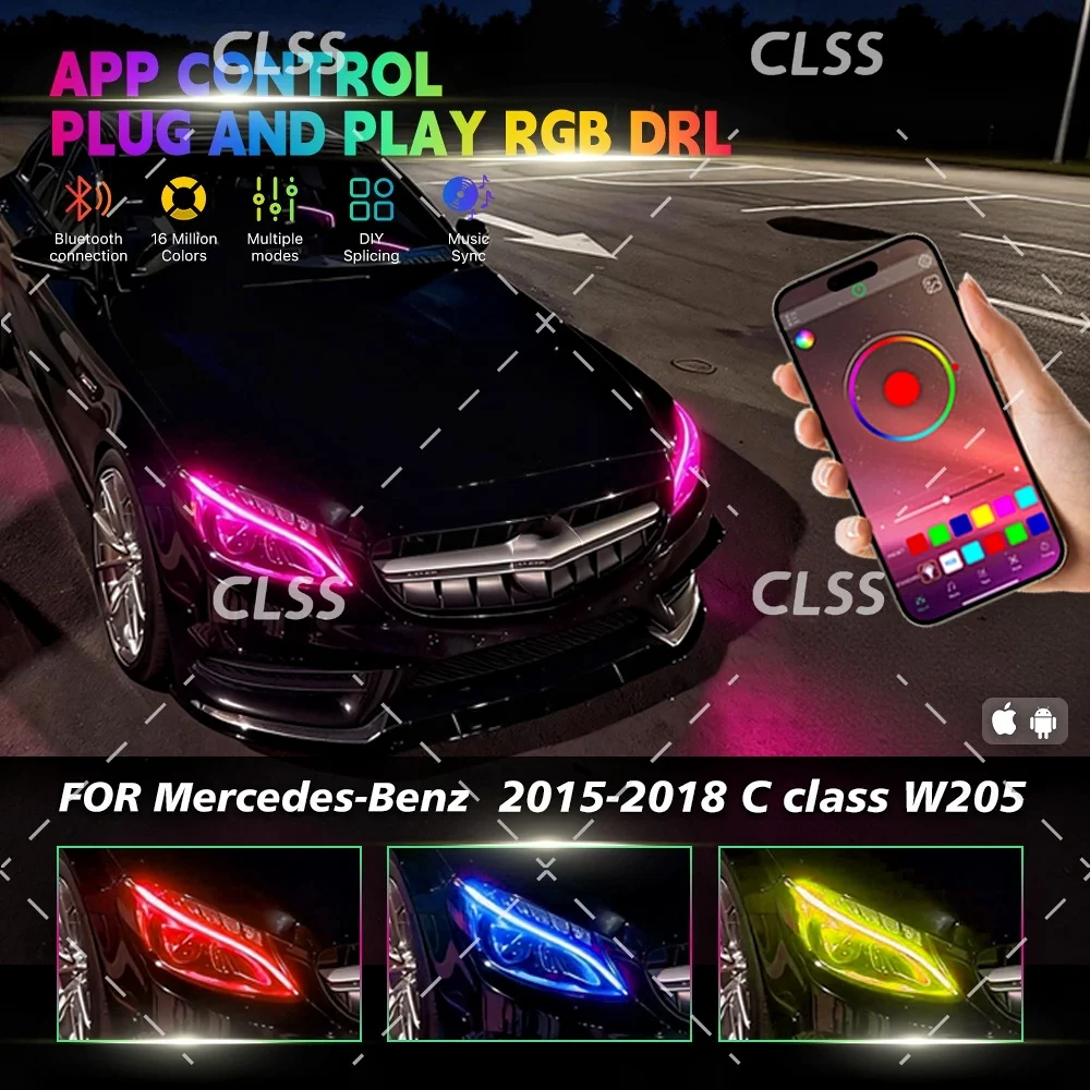 Фото Многоцветные светодиодные платы RGB DRL для Mercedes-Benz C Class W205 C217 C300 C180 C63 APP Control дневные ходовые огни Plug n Play №1