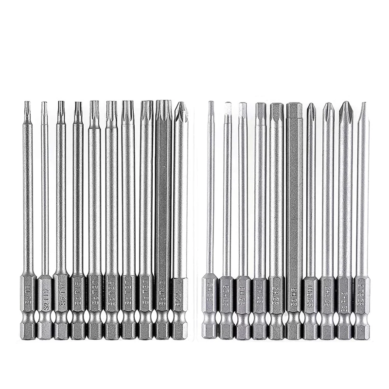 

Bit Set Long, Magnetic Bit Set 20 Pcs 100Mm, Torx Bit T8-T40, Hex Bit H2-H6, PH1 PH2, PZ2, Slotted Bit, 1/4Inch Hexagon