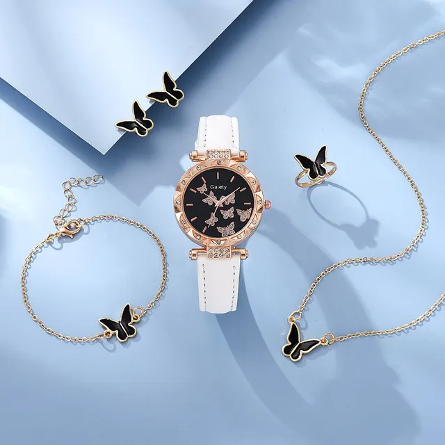 6pcs Luxury Watch Women Ring Necklace Earrings Bracelet Set Watches Butterfly Leather Strap Ladies Quartz WristWatch No Box 3