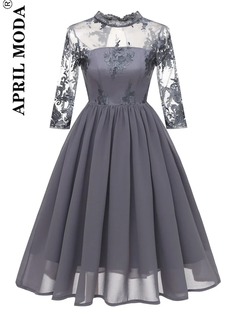 

Autumn Lace Chiffon Party Swing Formal Dress Elegant 3/4 Long Sleeve Embroidery Short Evening Gowns Pleated Bridesmaid Dresses
