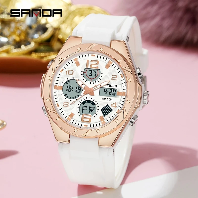 SANDA Digital Watch Women Sport Chronograph Calendar Lady Quartz Wristwatch 50m Waterproof Female Girl Electronic Clock 6062