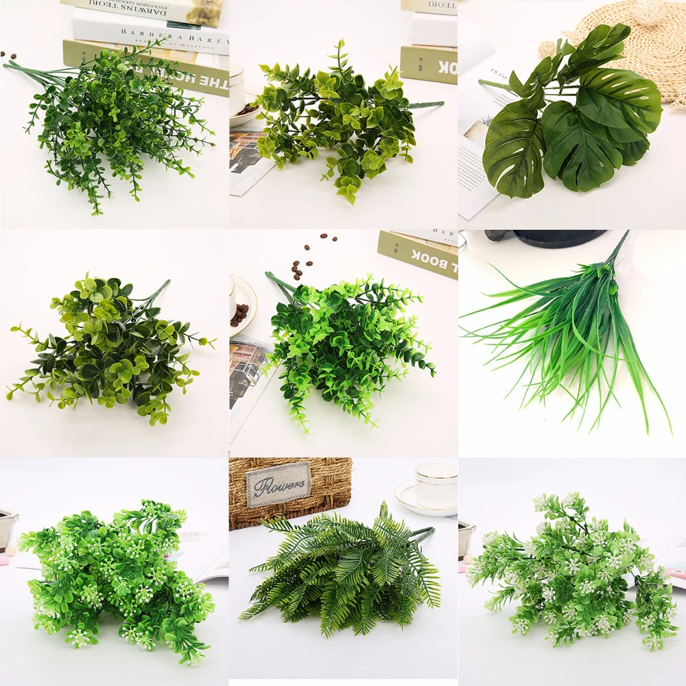 1pc Artificial Flowers with Leaf Green Grass Plastic Plants Fake Foliage Bush for Home Wedding Decoration Party Supplies |