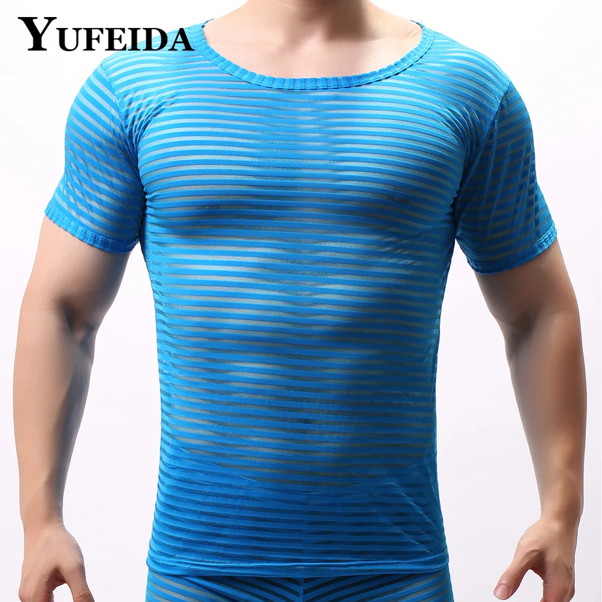 

YUFEIDA Men's Mesh Sheer T Shirt See Through Short Sleeve Striped Party Nightclub Wear Sexy T-shirt Top Thin Breathable Camiseta