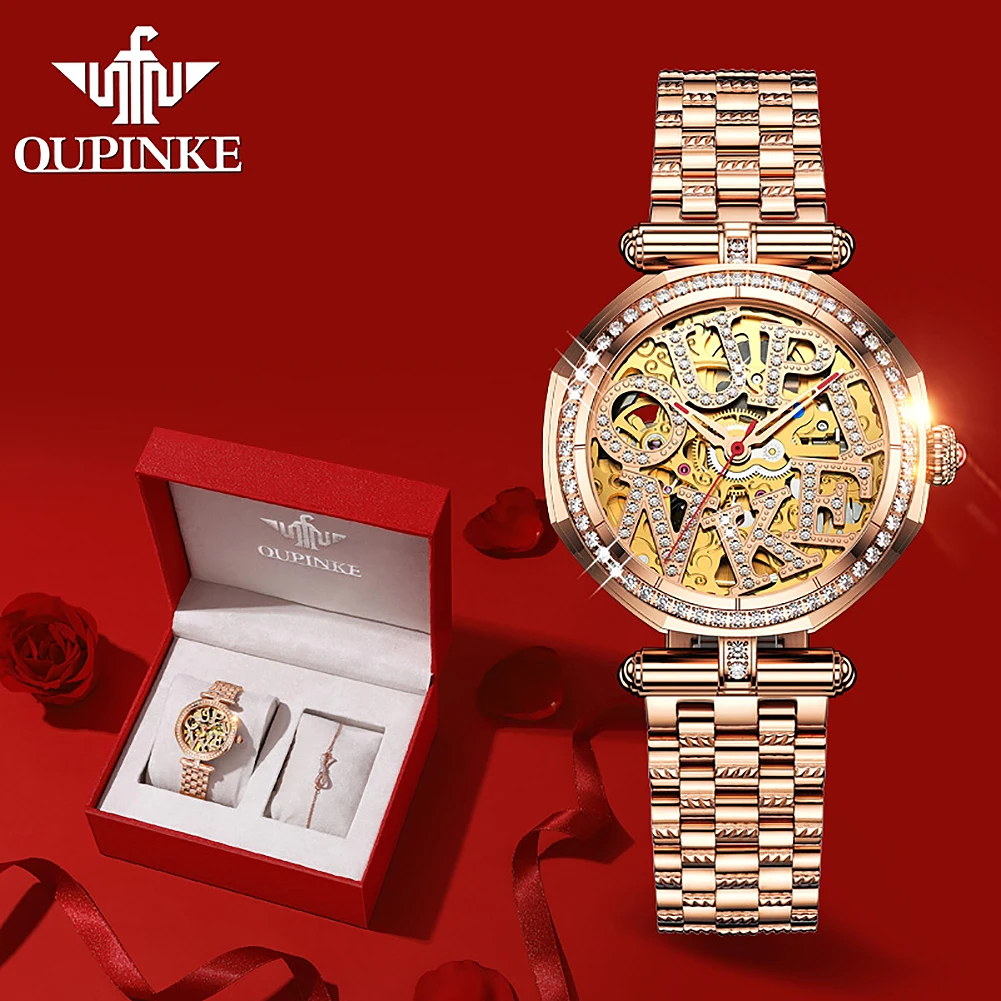Enlarge OUPINKE Luxury Skeleton Women's Watches Sapphire Mirror Waterproof Mechanical Genuine Leather Lady Watch Bracelet Set