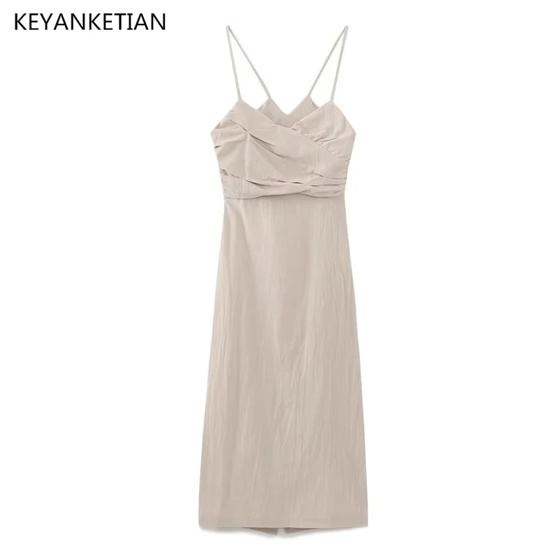 

KEYANKETIAN Summer New Cotton Hemp Fabric Texture Pull Pleated Double Front Suspender Dress Women Slim Dress Ankle-Length Skirt