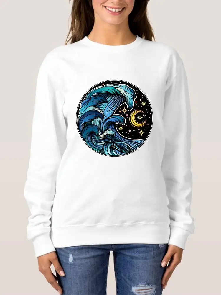

Wave Beach Trend Cute Casual Fashion Women Clothing Graphic Sweatshirts Autumn Spring O-neck Fashion Print Pullovers