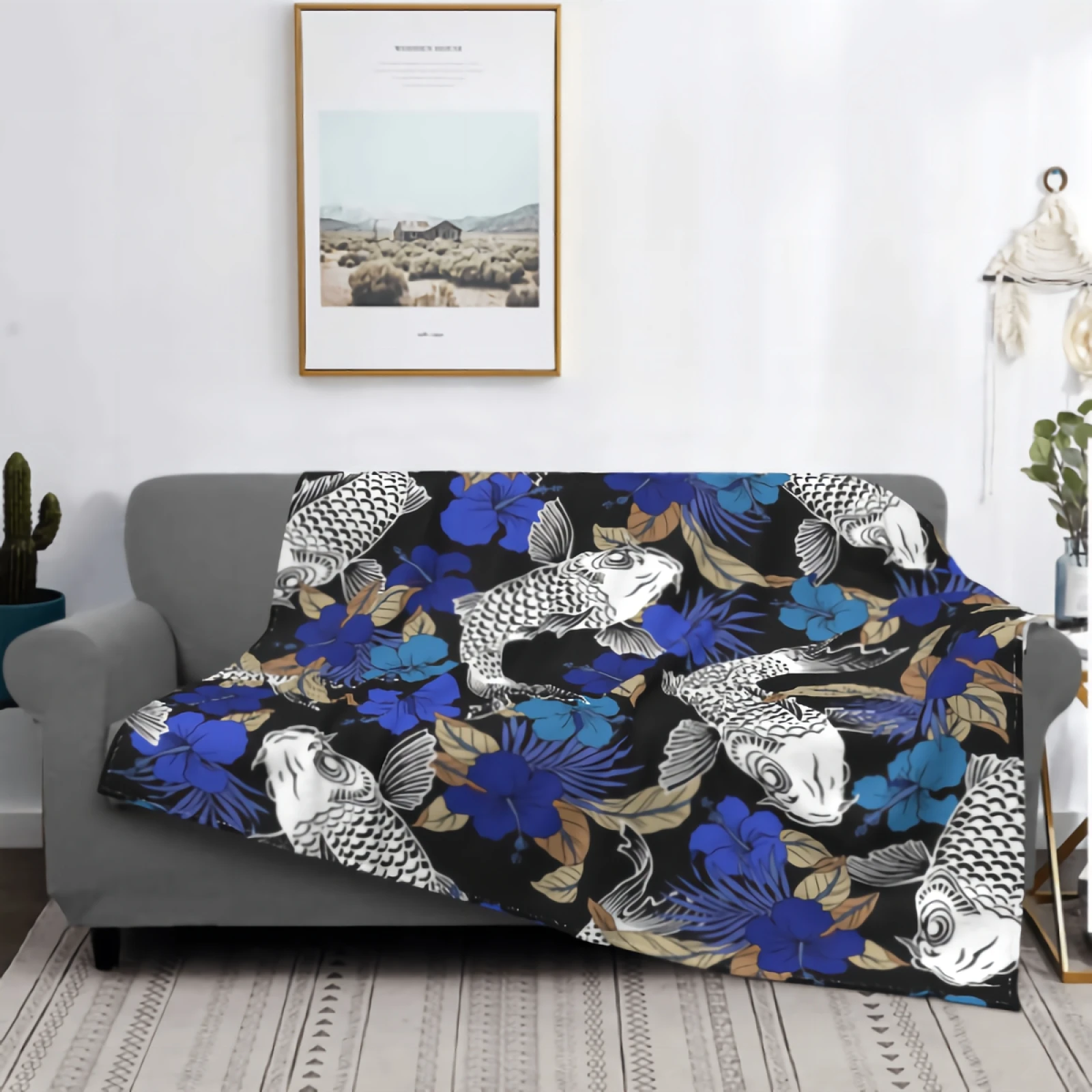 

Vintage Hibiscus Carp Pattern Comfort Plush Blanket Super Warm Soft Blanket with Colorful Hibiscus Flower With Carp Fish Pattern