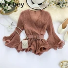 Женская шифоновая блузка с V-образным вырезом, длинным рукавом и оборками