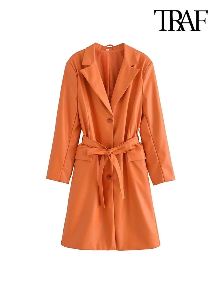 

TRAF Women Fashion With Belt Faux Leather Trench Coat Vintage Long Sleeve Flap Pockets Female Outerwear Chic Overcoat