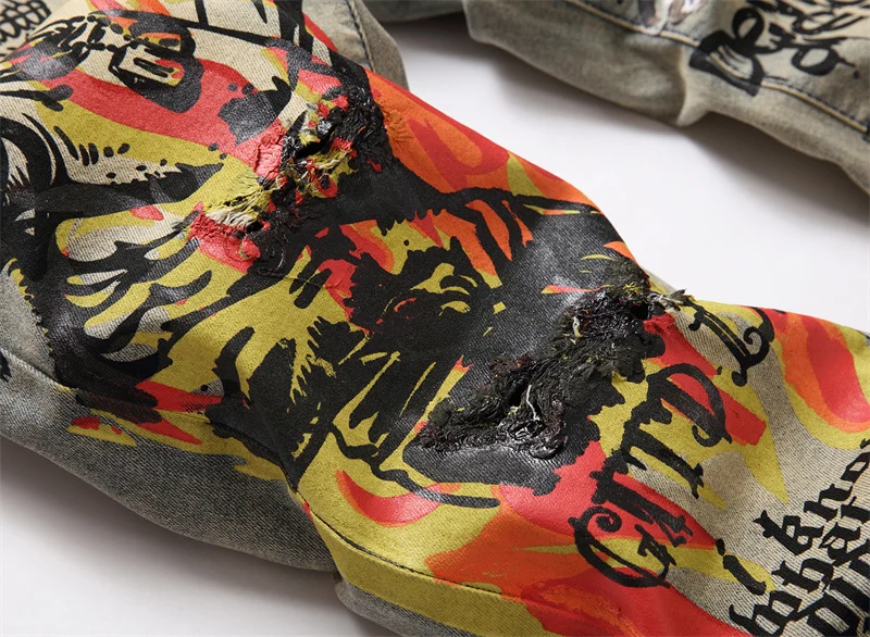 Men's Colorful Graffiti Printed Jeans Y2K Colorful Slim Fit Tapered Elastic Casual Pants Fashion Street Clothing Small Foot Pant