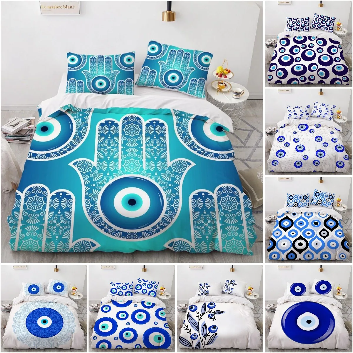 

Mandala Duvet Cover Set Hamsa Hand with Inner Eye Evil Eyes Eastern Art Print Twin Bedding Set for Teens King Size Quilt Cover