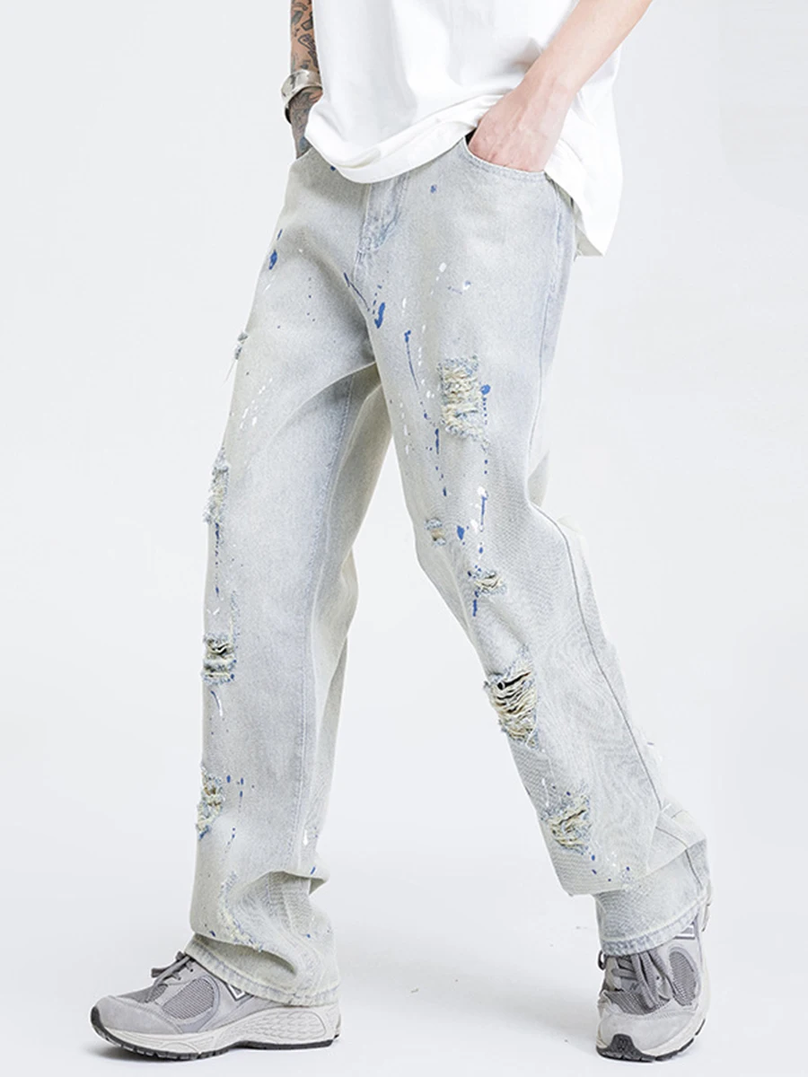 Four Seasons Men Jeans American Hip Hop Ripped Pants Europe and America Hiphop Contrast Color Straight Y2k Men Jeans Streetwear