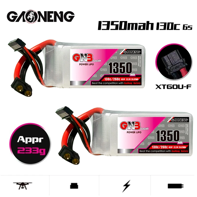 

Литий-полимерный аккумулятор Gaoneng GNB 6S 22,2 в 1350 мАч 130C/260C для FPV гоночного дрона квадрокоптера вертолета запчасти с аккумулятором XT60 22,2 в