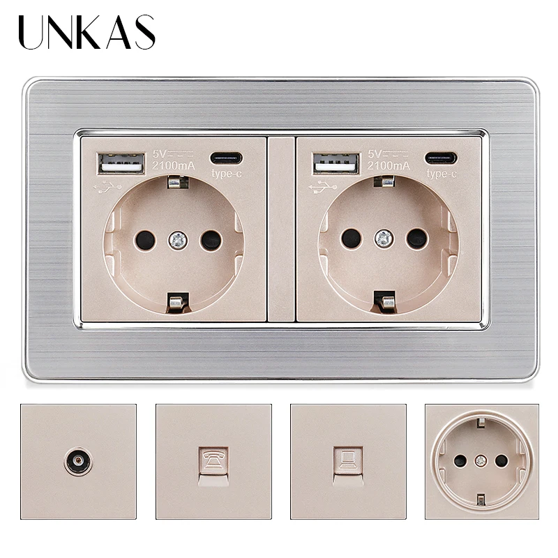 

UNKAS Gold EU Socket Type C USB Port + TV RJ11 Telephone RJ45 Internet Computer Jack 146mm * 86mm Stainless Steel Panel Outlet