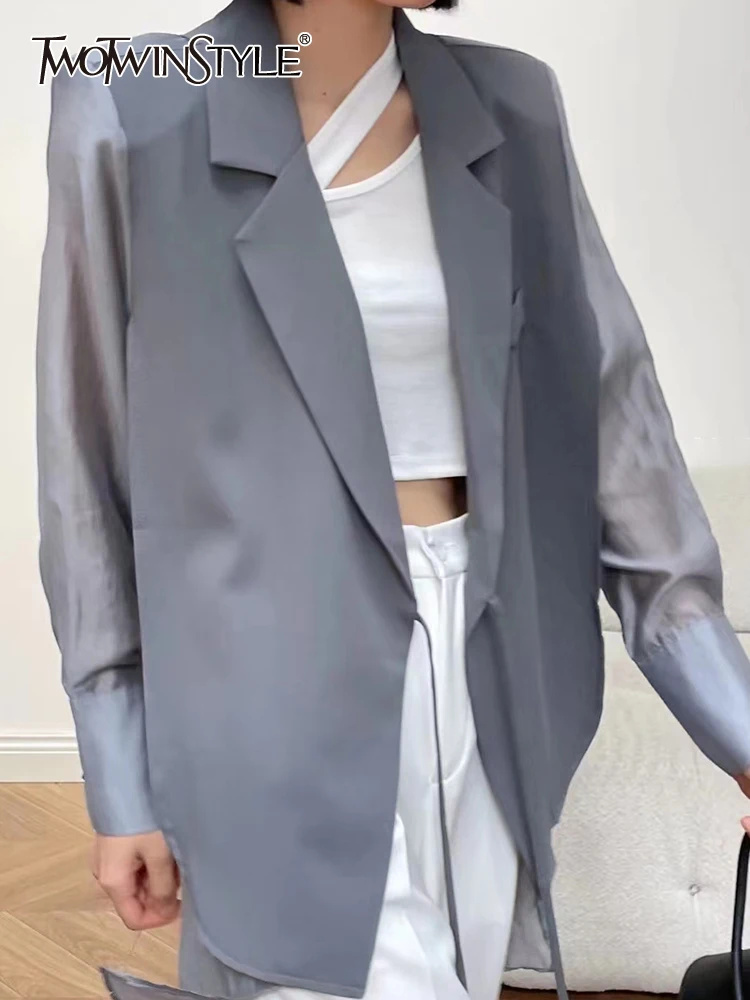 

Женский блейзер twotwin2, повседневный однотонный блейзер с отложным воротником и длинным рукавом, лоскутный сетчатый Блейзер на шнуровке, женская одежда, 2022 стиль