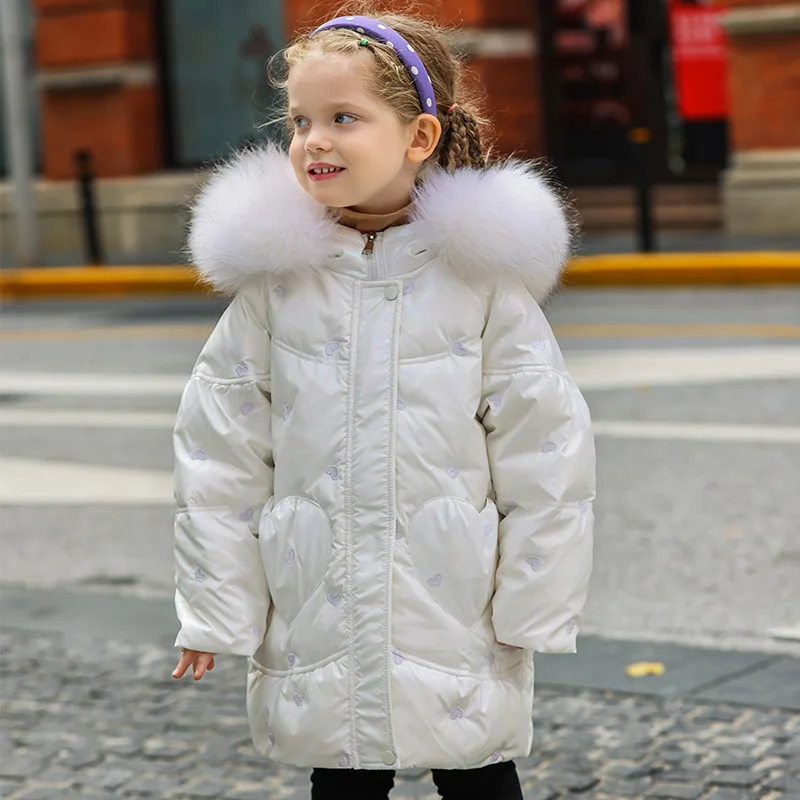 2022 Winter new children's down jacket Girls fashion  pink warm  thick coat Kids hooded real fur collar duck down coat Purple enlarge