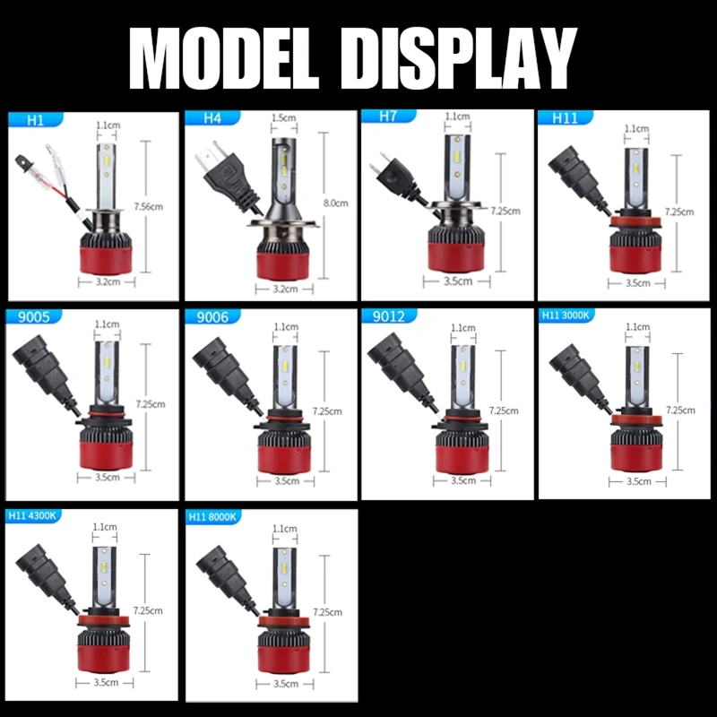 

2pcs LED Headlight Bulbs H1 H7 H11 H8 H9 9005 HB3 H10 9006 HB4 9012 H4 HB2 9003 Car High Low Beam Fog Light Bulbs 8000LM