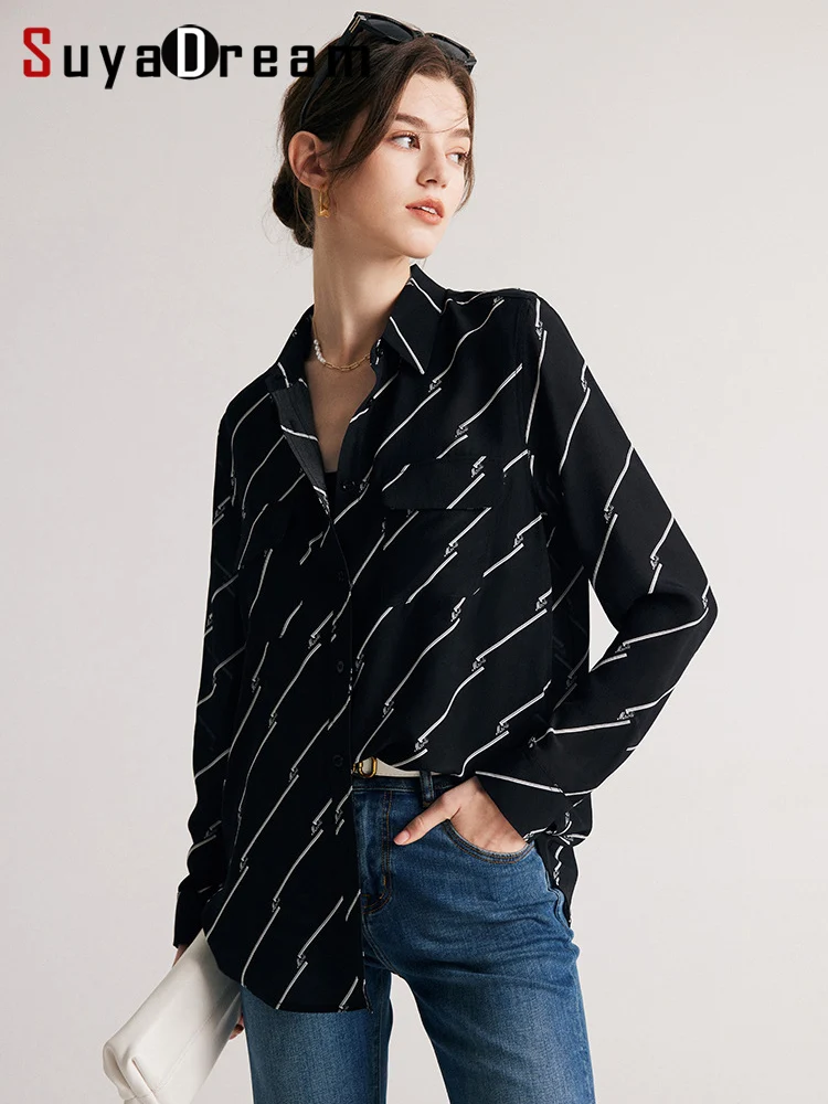 SuyaDream Women Stripes Shirts 100%Silk Crepe De Chine Single Breasted Black Chic Blouses 2023 Spring Summer Office Lady Top